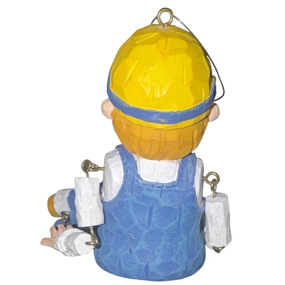 Vintage Artisan Carved Wood Construction Worker Ornament Hanging Decor Puppet